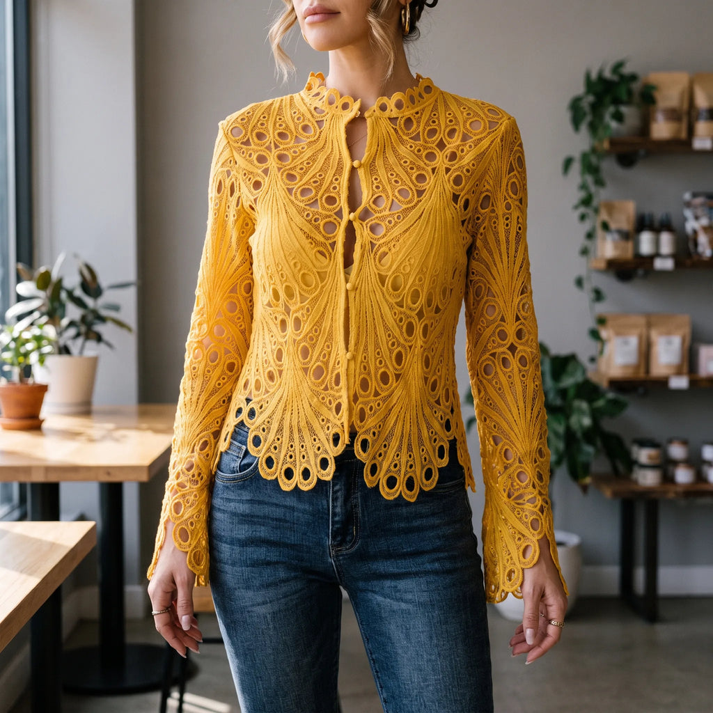 AuraBlouse - Long Sleeve Openwork Blouse