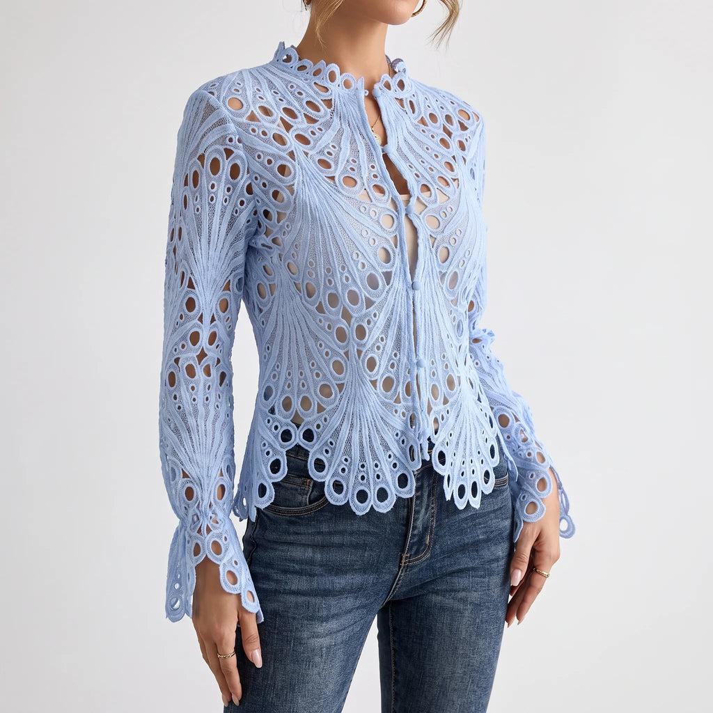 AuraBlouse - Long Sleeve Openwork Blouse
