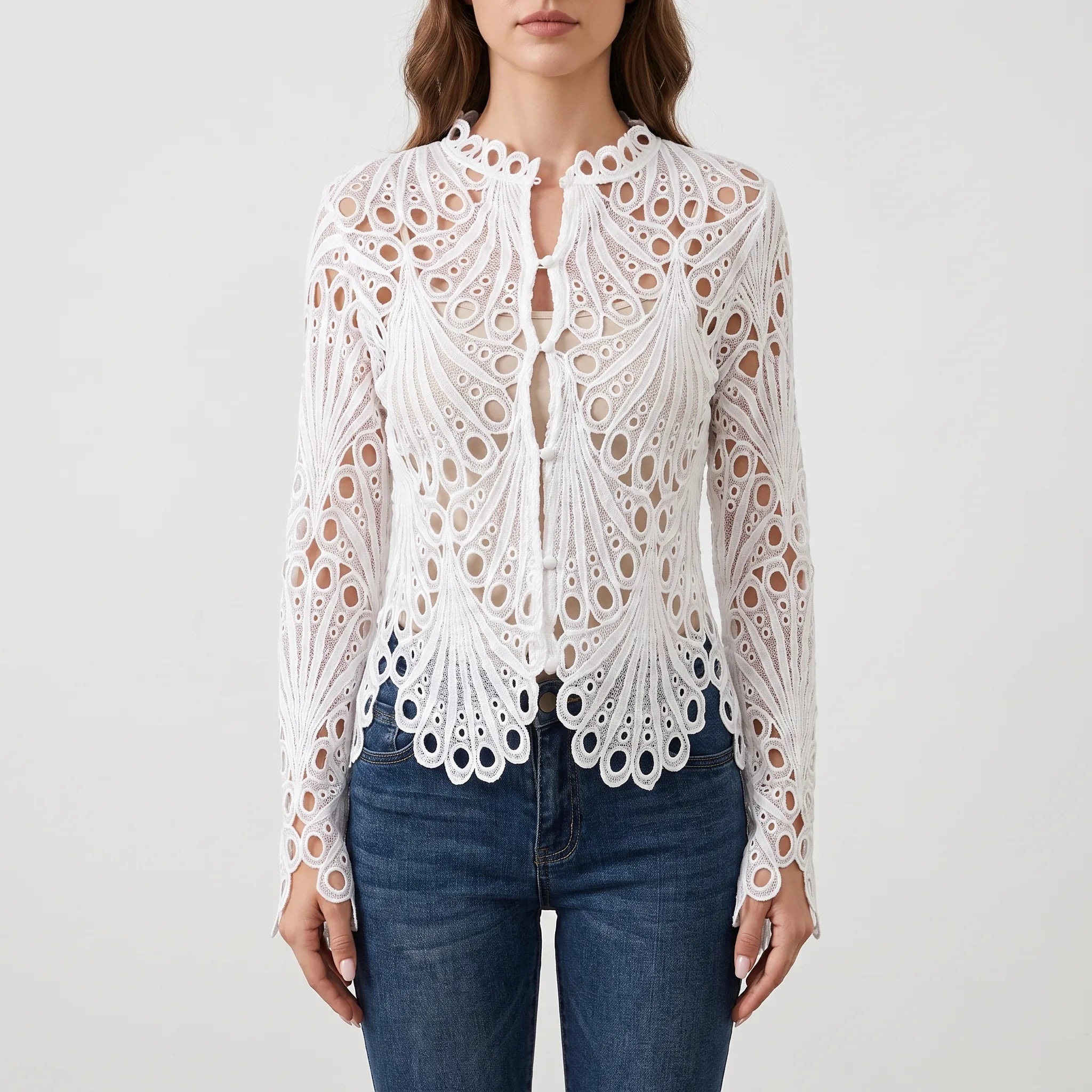 AuraBlouse - Long Sleeve Openwork Blouse