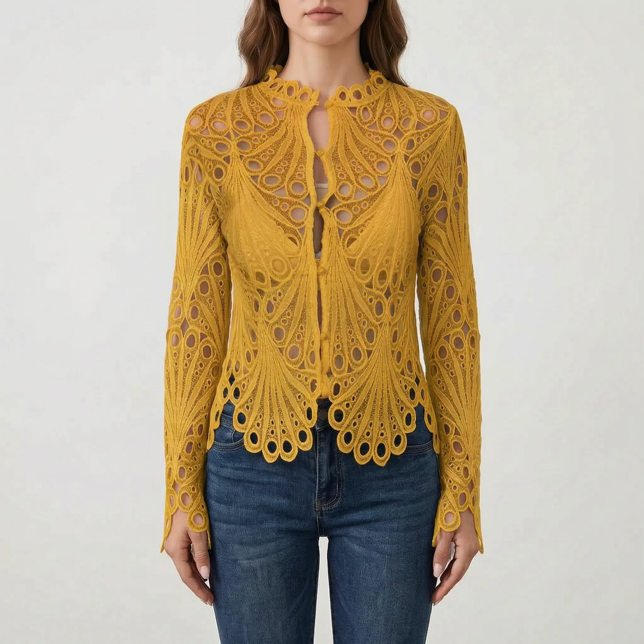 AuraBlouse - Long Sleeve Openwork Blouse