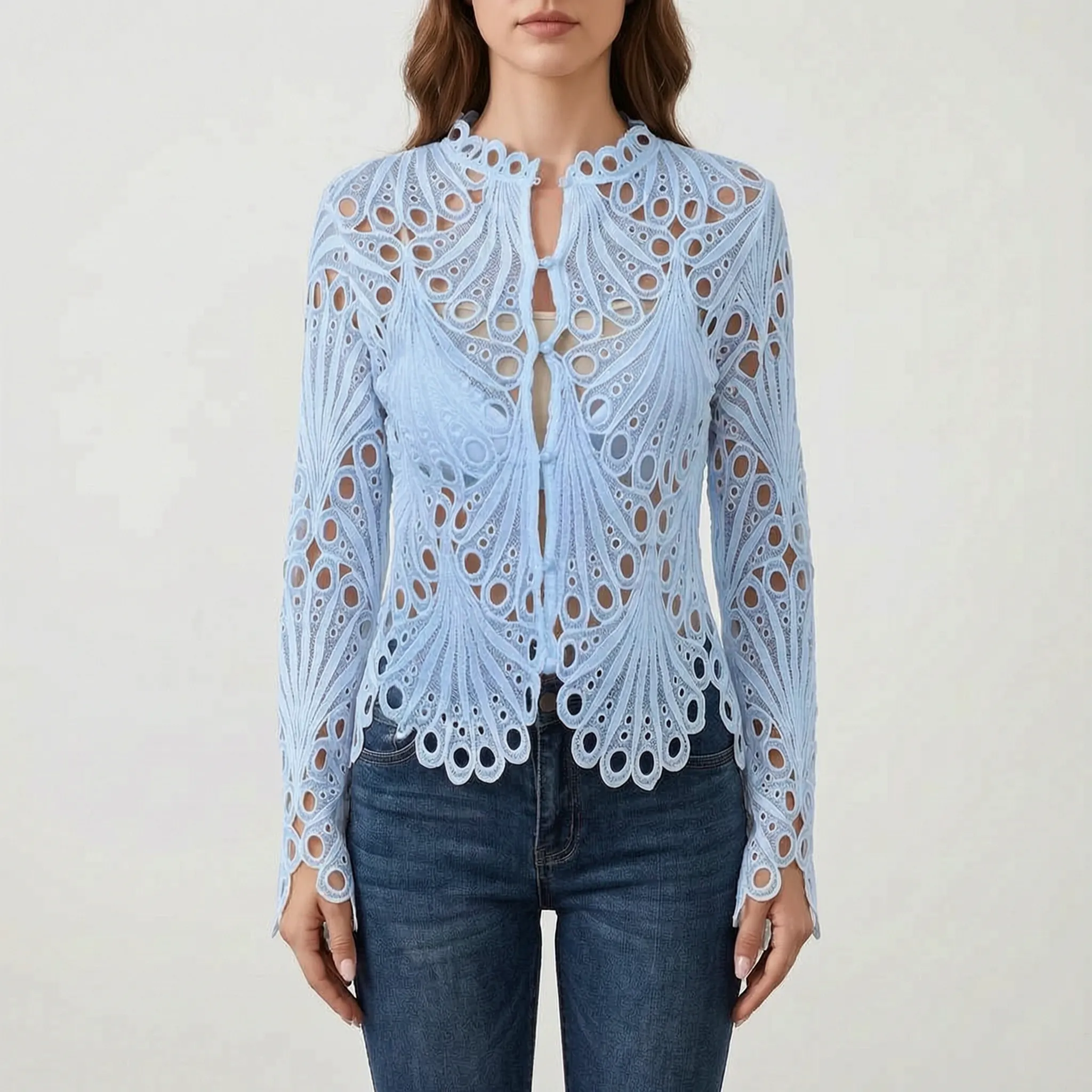 AuraBlouse - Long Sleeve Openwork Blouse