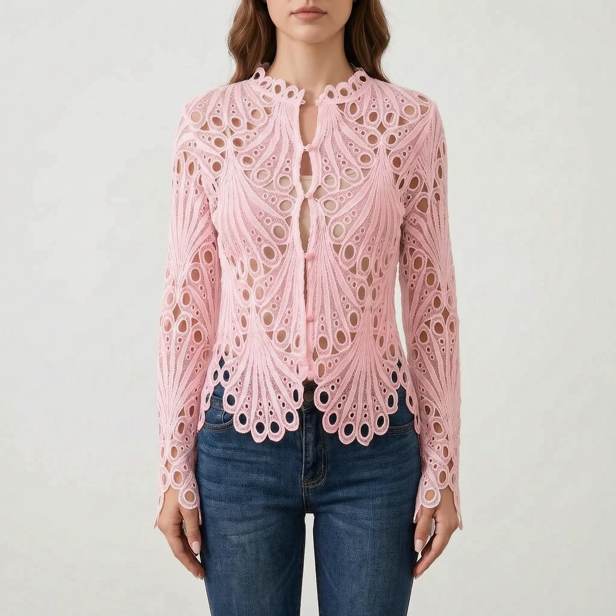 AuraBlouse - Long Sleeve Openwork Blouse