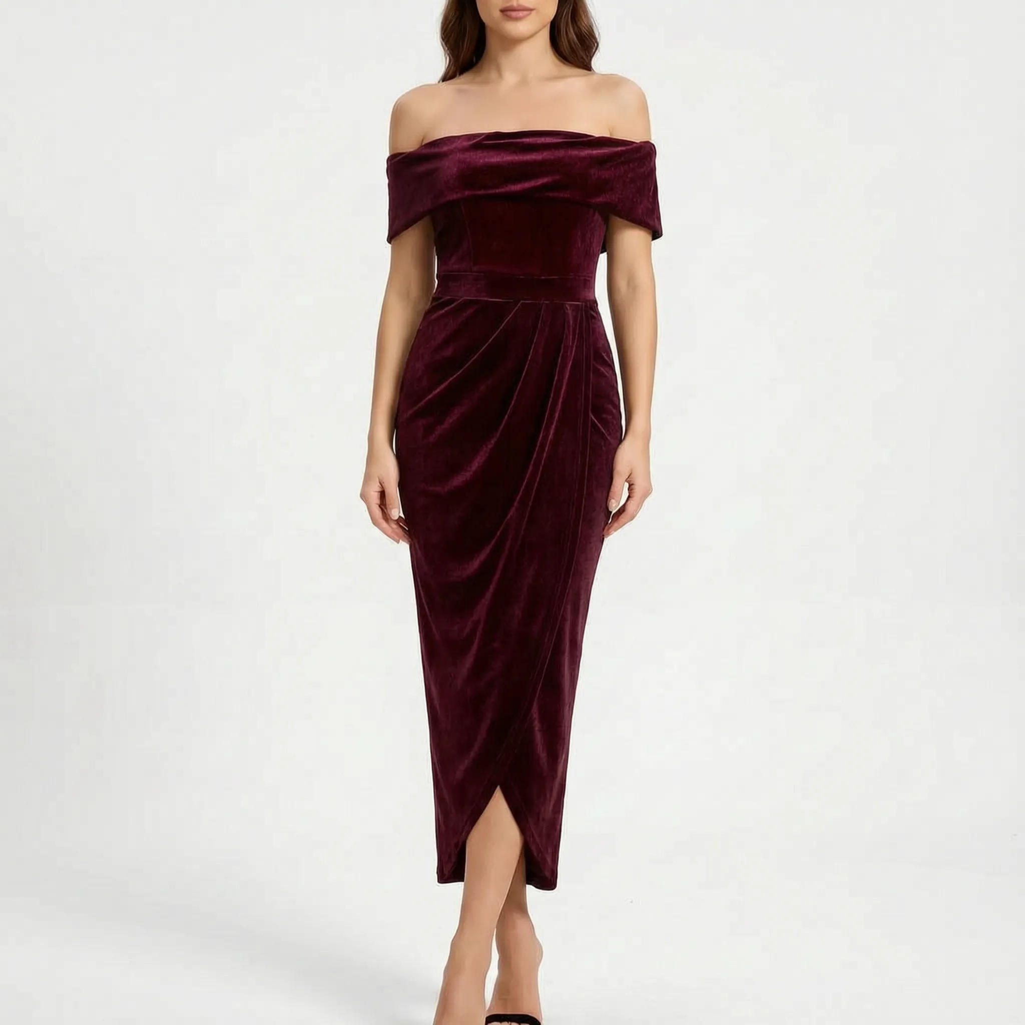 Velora - Off-Shoulder Ruched Midi Dress