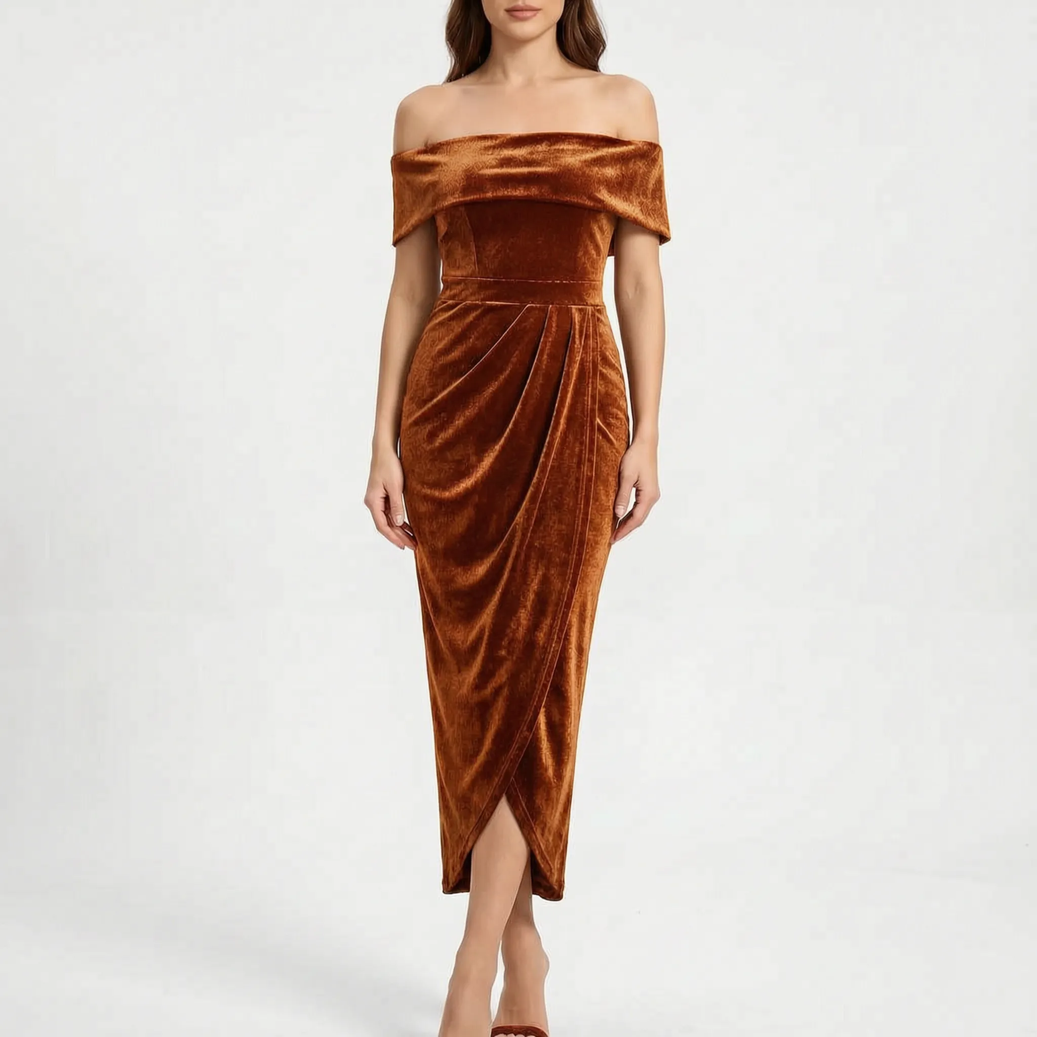 Velora - Off-Shoulder Ruched Midi Dress